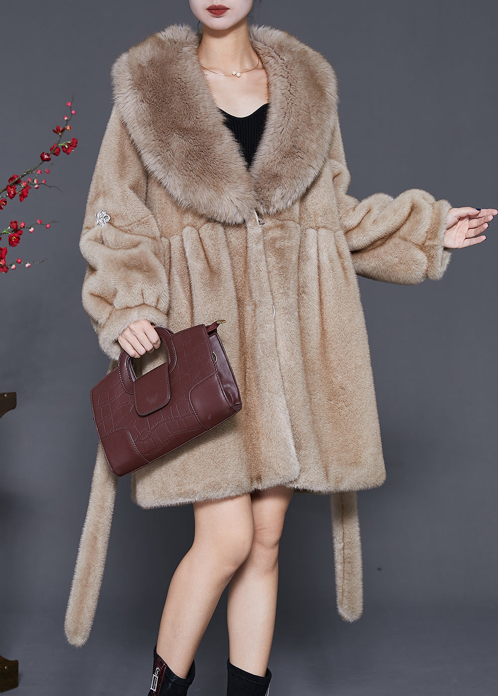 Khaki Oversized Warm Fuzzy Fur Fluffy Coats Winter