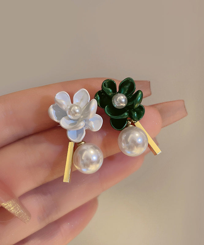 Diy Alloy Asymmetrical Gardenia Flower Pearl Stud Earrings
