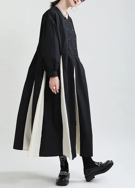 Black White Patchwork Exra Large Hem Cotton Shirt Dresses Puff Sleeve