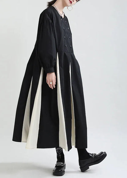 Black White Patchwork Exra Large Hem Cotton Shirt Dresses Puff Sleeve