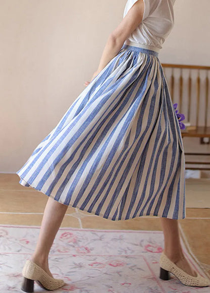 Fine Blue Striped Wrinkled High Waist Cotton Skirt Summer