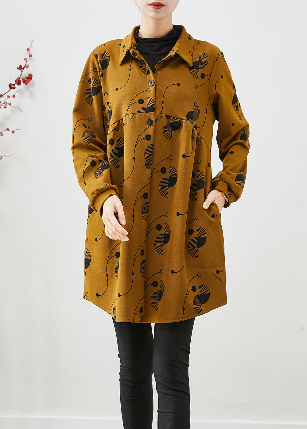 Yellow Oversized Print Cotton Coats Spring