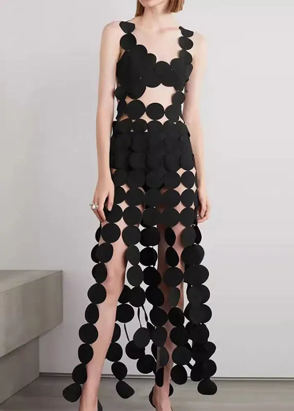 Black Hollow Out Backless Cotton Spaghetti Strap Dress Sleeveless