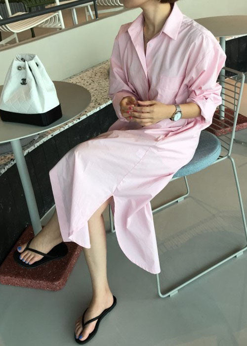 Italian Pink Peter Pan Collar Side Open Cotton Long Shirts Dresses Spring