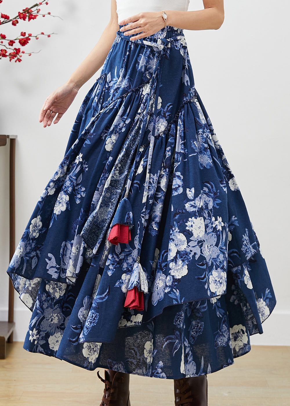 Blue Cotton Skirts Asymmetrical Exra Large Hem Fall