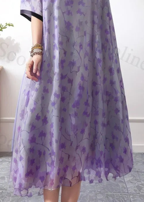 New Purple V Neck Print Silk Long Dresses Summer