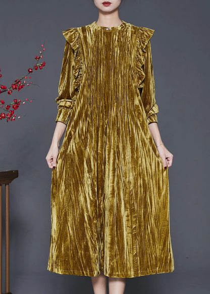 Green Ruffled Wrinkled Silk Velour Holiday Dress Spring