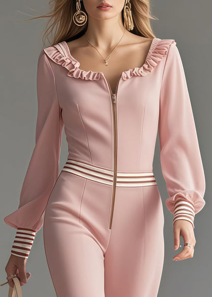 Pink Ruffled Patchwork Draping Chiffon Jumpsuit Spring