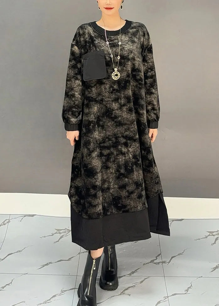Black O-neck Tie Dye Side Open Silk Velour Maxi Dress Winter