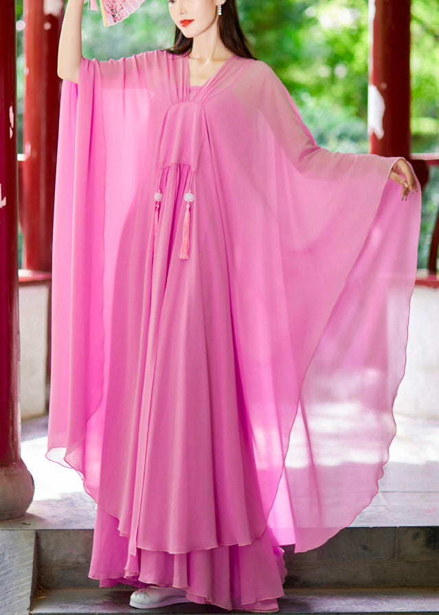 Pink V Neck Tasseled Chiffon Two-piece Set Spring