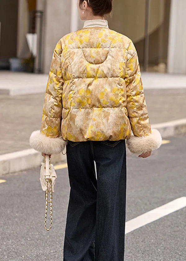 Yellow Oriental Button Fur Patchwork Duck Down Jacket Winter