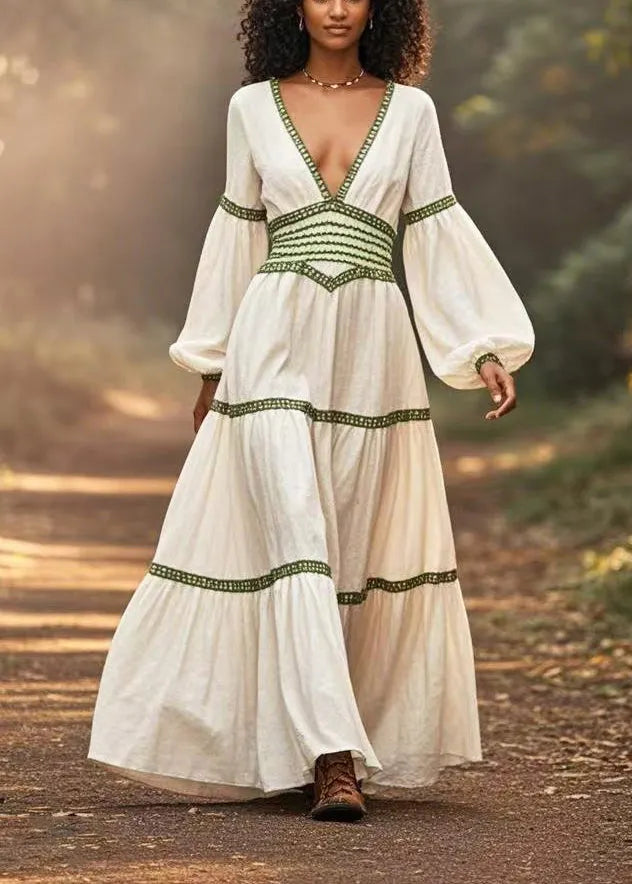 White Cinched Patchwork Cotton Long Dresses Lantern Sleeve