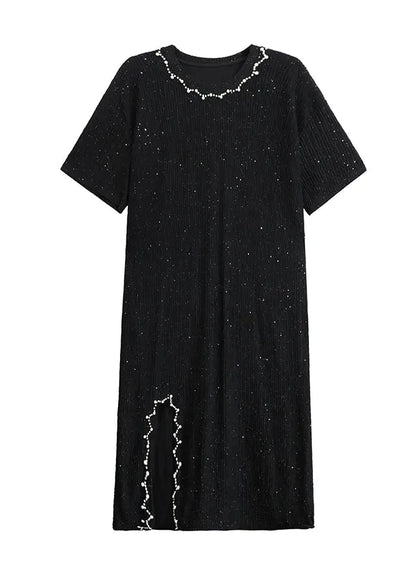 Black O Neck Nail Bead Cotton Dresses Summer