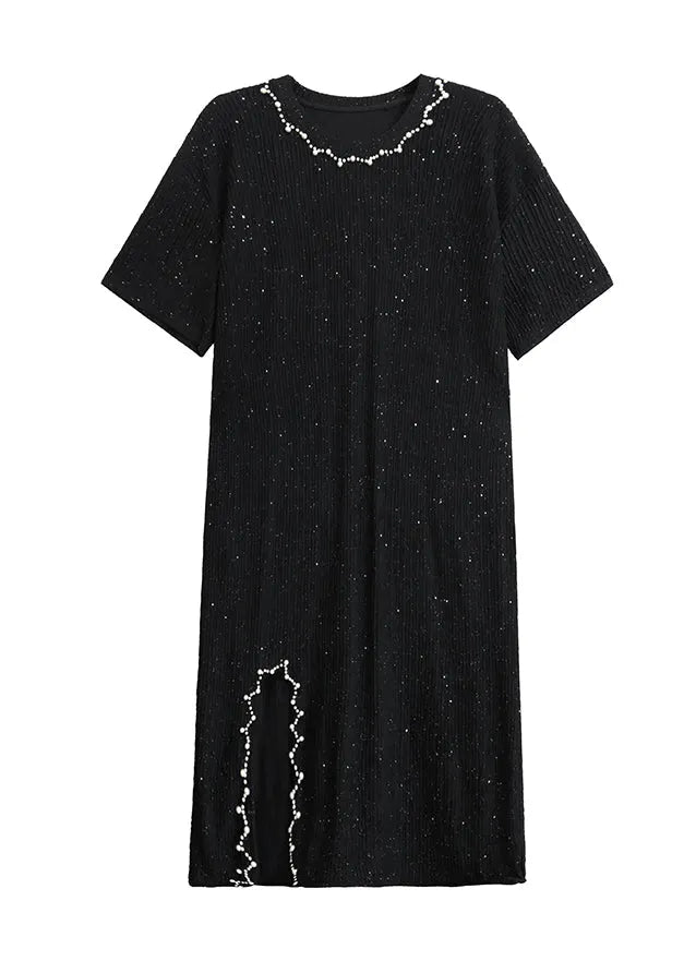 Black O Neck Nail Bead Cotton Dresses Summer