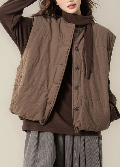 Loose Coffee O Neck Button Cotton Filled Two Piece Set Sleeveless