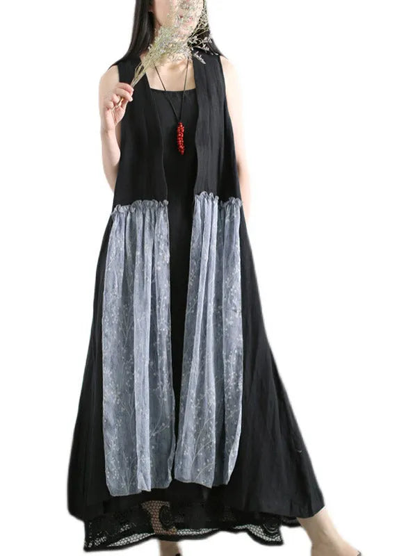 Black Print Silk Patchwork Linen Waistcoat and Spaghetti Strap Dress Two Piece Set Summer