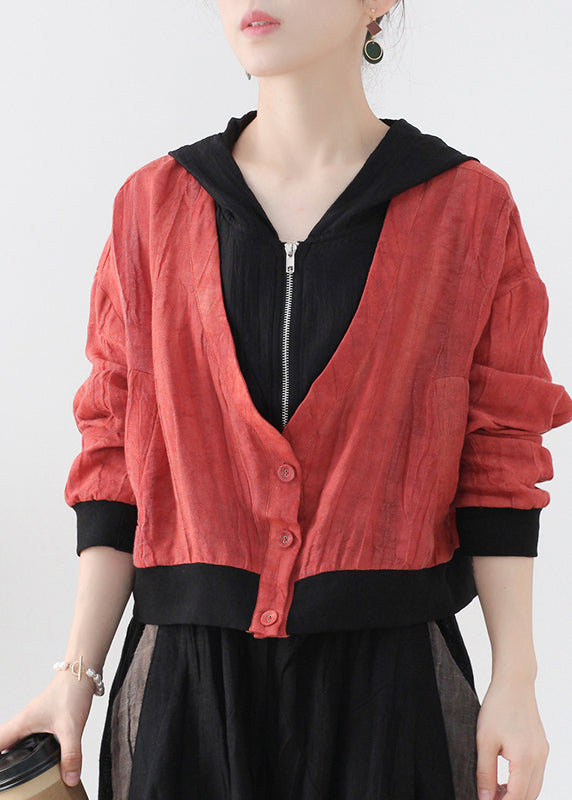 Black Hooded Zippered Pockets Linen Coat Long Sleeve