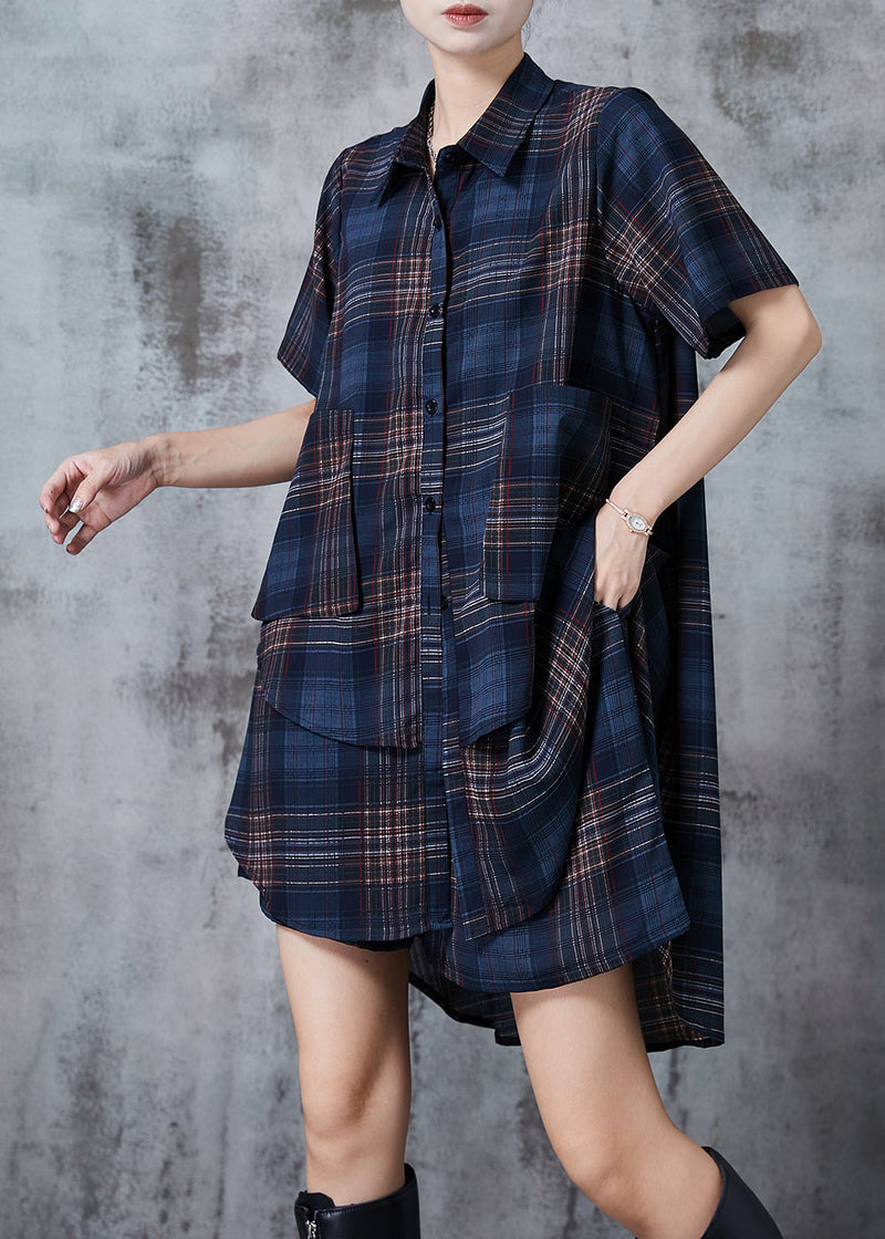 Navy Oversized Plaid Chiffon Two Pieces Set Summer
