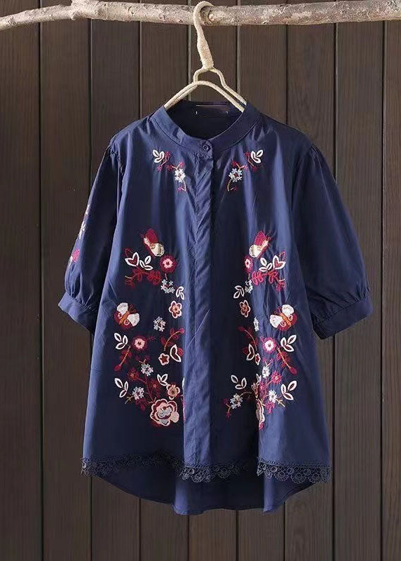 Navy Embroidered Low High Design Cotton Blouse Top Summer