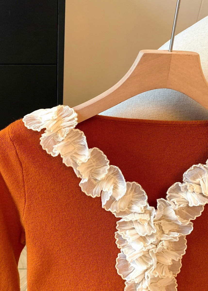 Pumpkin Color V Neck Ruffled Patchwork Knitting Cotton T Shirt Fall