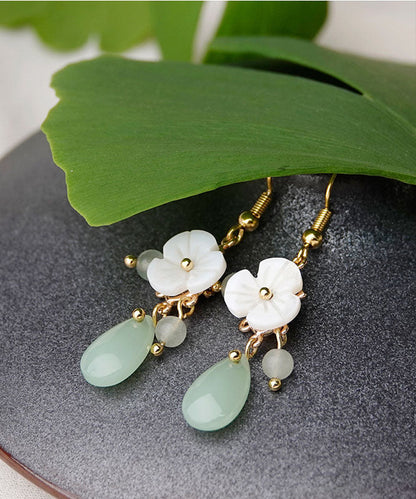 Boutique White Flower Jade 14k Gold Drop Earrings