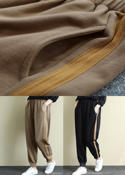 Khaki Pockets Elastic Waist Warm Fleece Beam Pants Winter