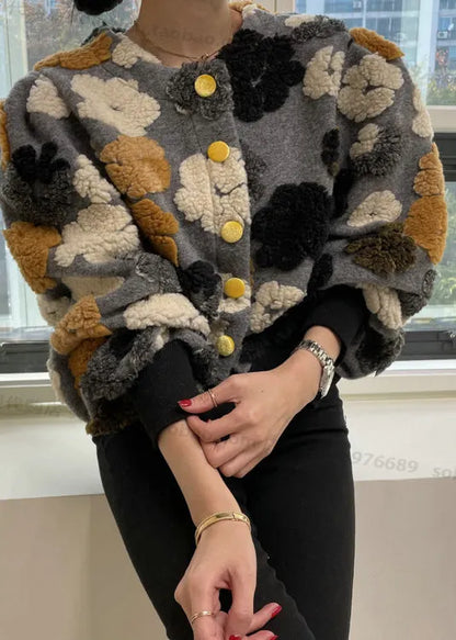 Rose O Neck Button Faux Fur Short Coat Spring