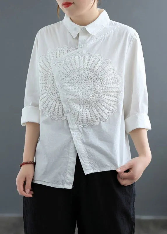 White Asymmetrical Patchwork Lace Blouses Spring