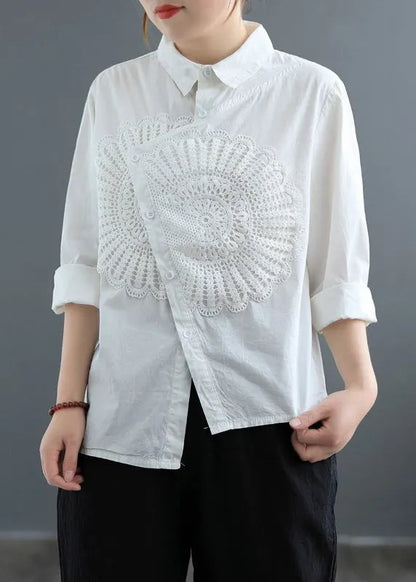 White Asymmetrical Patchwork Lace Blouses Spring