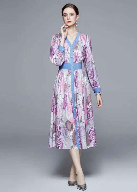 Light Purple V Neck Patchwork Print Cinch Dress Long Sleeve