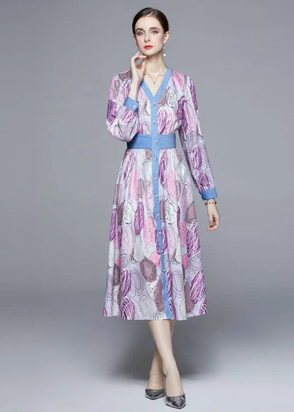 Light Purple V Neck Patchwork Print Cinch Dress Long Sleeve