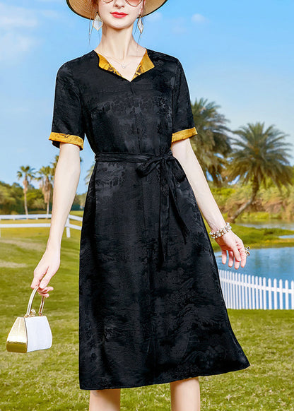 Black Jacquard Tie Waist Silk Oriental Dresses Short Sleeve