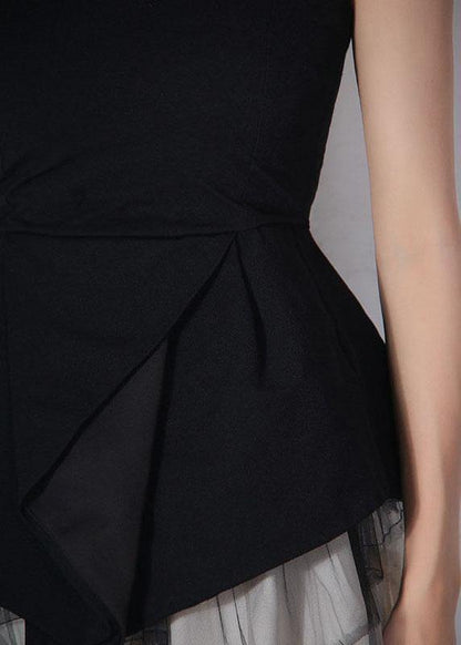 Black Cold Shoulder Slash Neck Asymmetrical Design Breast Wrapping Cotton Top Summer