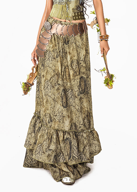 French Green Ruffled Patchwork a Line Skirts