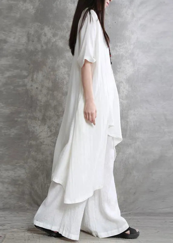 White Asymmetrical Top and Wide Leg Pants Two Pieces Set Short Sleeve
