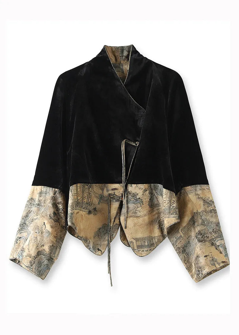 Black Tasseled Print Patchwork Silk Velour Coats Fall
