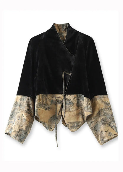 Black Tasseled Print Patchwork Silk Velour Coats Fall