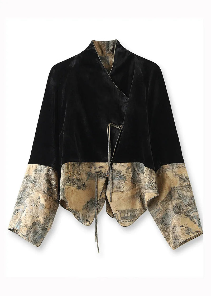 Black Tasseled Print Patchwork Silk Velour Coats Fall