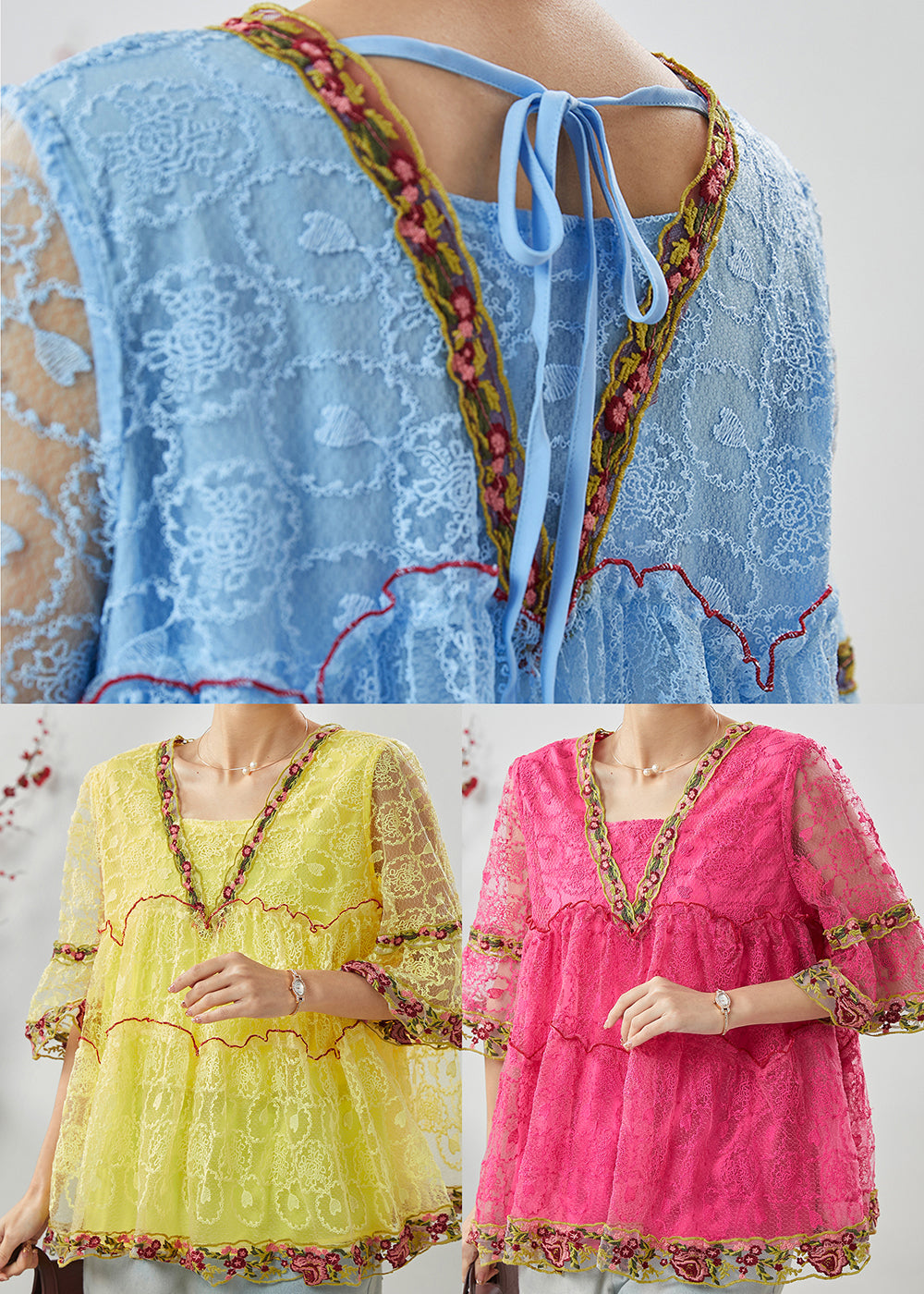 Pink Ruffled Lace a Line Shirt Tops Summer