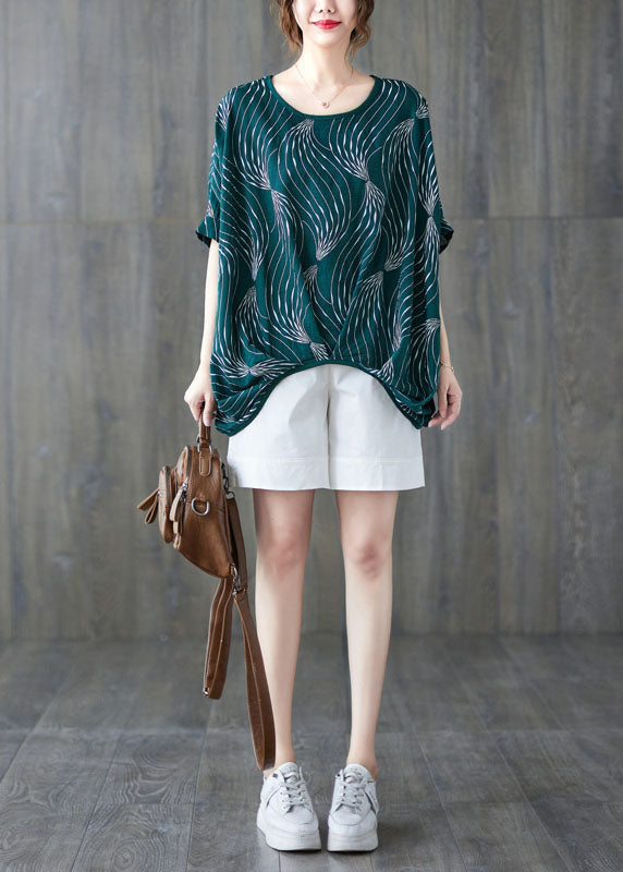 Green O-neck Print Cotton Pullover Tops Short Sleeve