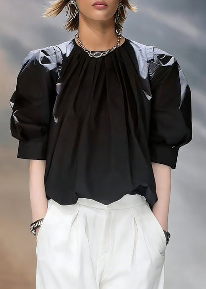 Natural Black O-neck Patchwork Tops Summer