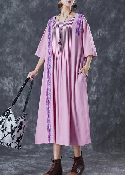 Light Purple Oversized Patchwork Wrinkled Linen Dress Half Sleeve