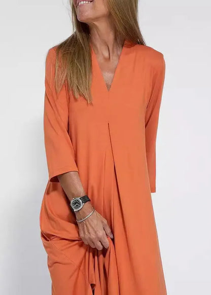 Loose Black V Neck Side Open Cotton Long Dress Bracelet Sleeve Spring
