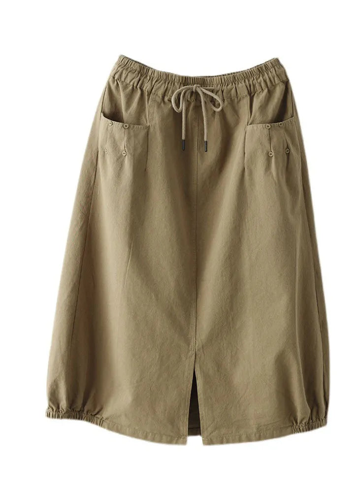 Light Green Elastic Waist Side Open Pockets Cotton Skirt Summer