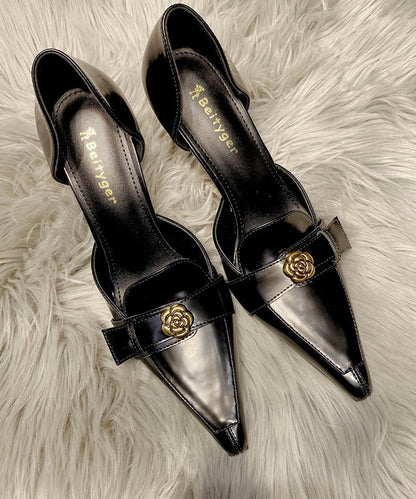 Fine Splicing Stiletto High Heels Black Sheepskin Pointed Toe