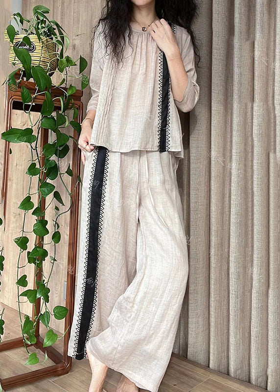 Organic Apricot O-neck Tops and Pants Linen Sets 2 Pieces Fall
