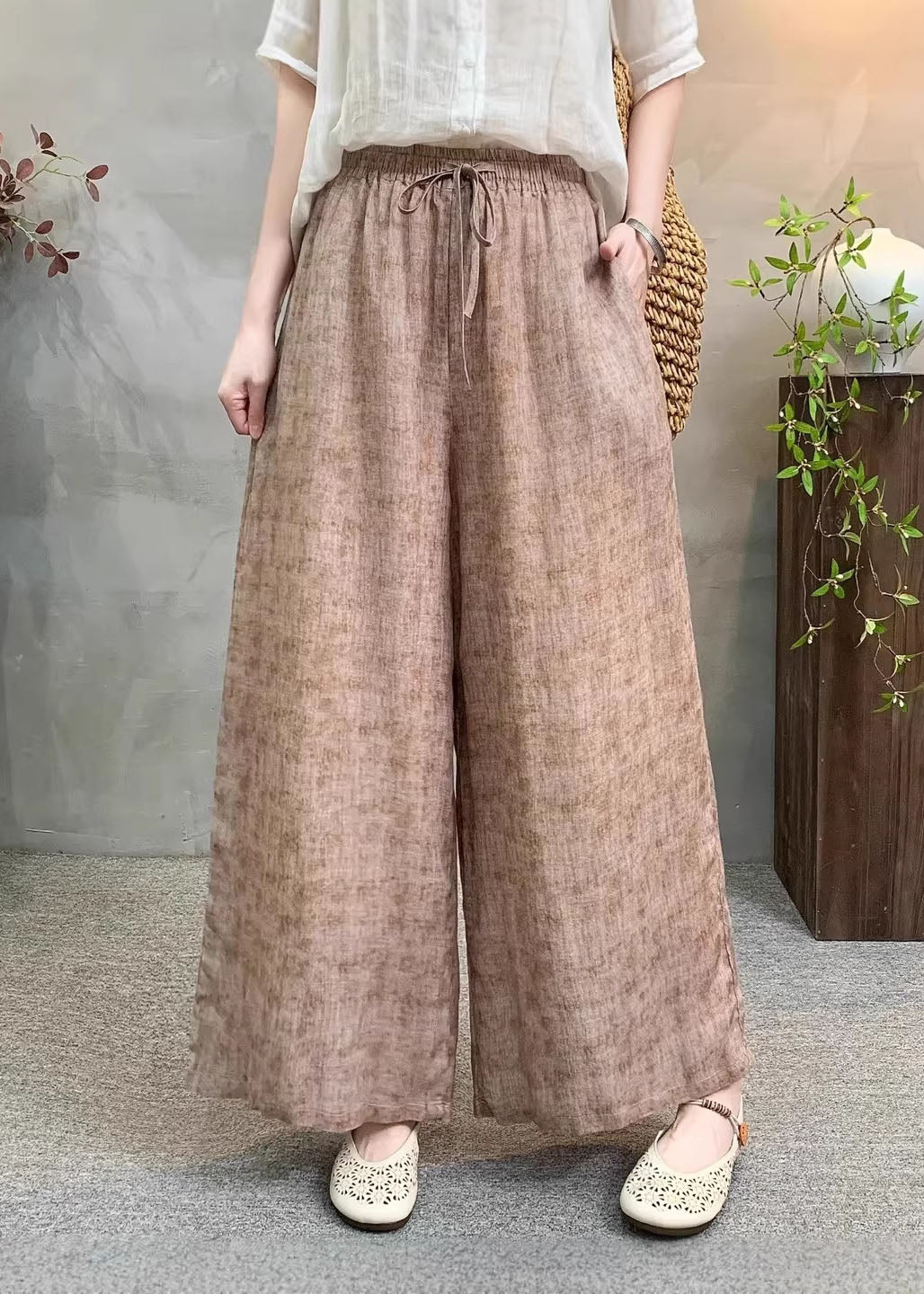 Navy Pockets Tie Dye Elastic Waist Linen Pants Summer
