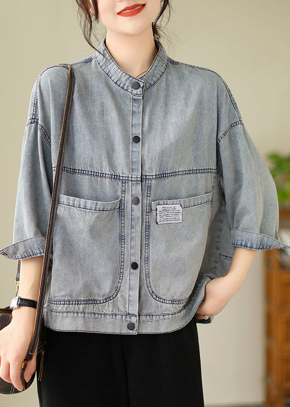 Light Blue Stand Collar Pockets Denim Jackets Spring