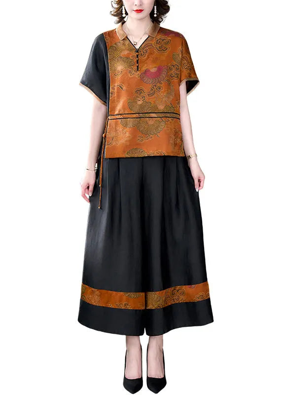 Yellow Print Tops and Pants Silk Two Piece Set Outfits Summer
