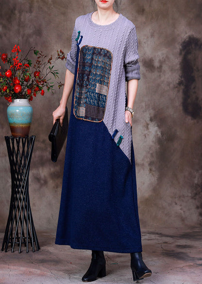Grey Blue Patchwork Oriental Button Knit Sweater Dress Long Sleeve